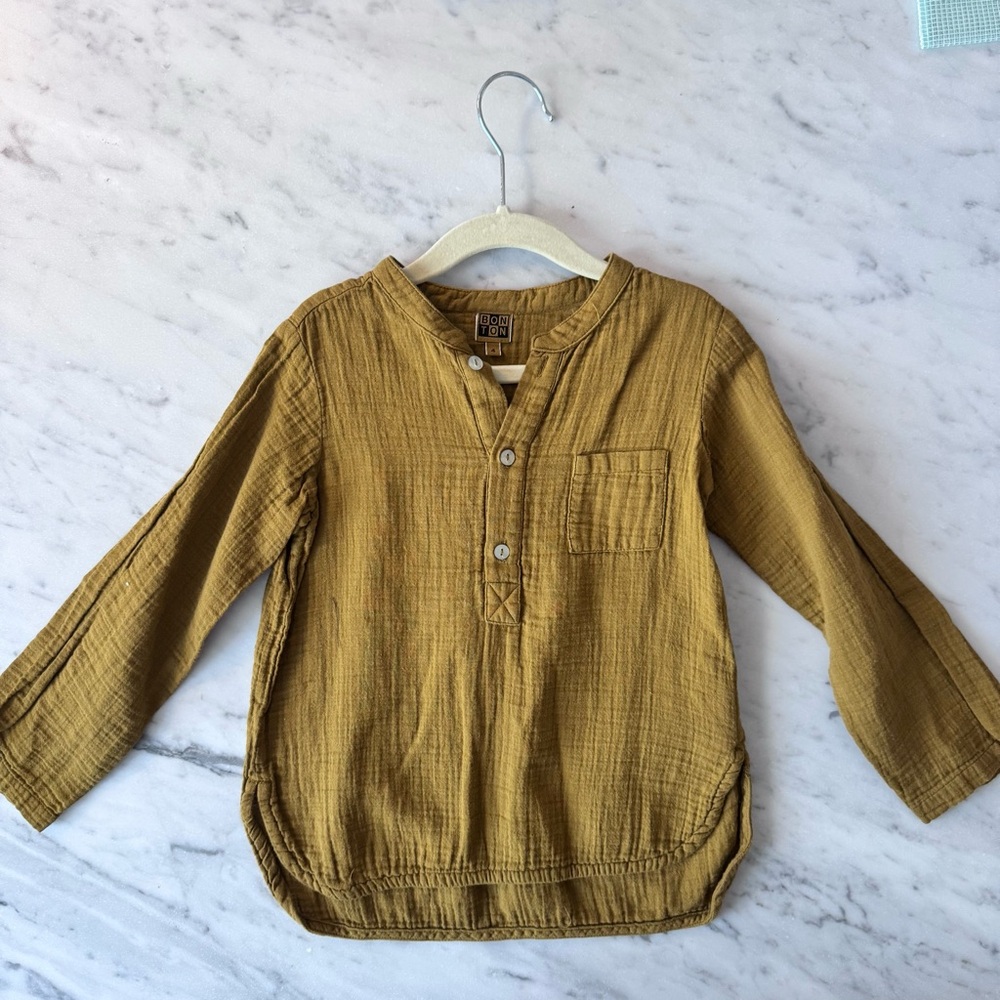 KIDS BONTON MATTEO SHIRT - OLIVE OIL BROWN Muslin Tunic Long Sleeve 100% Cotton